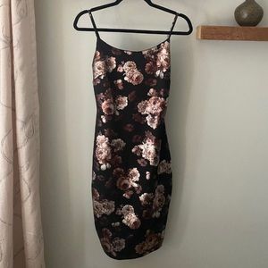 Black Cocktail Satin Dress Knee Length Floral Metallic Formal Homecoming Party M